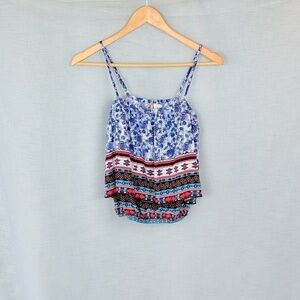 Mimi Chica Blue Patterned Ruffle Crop Top medium